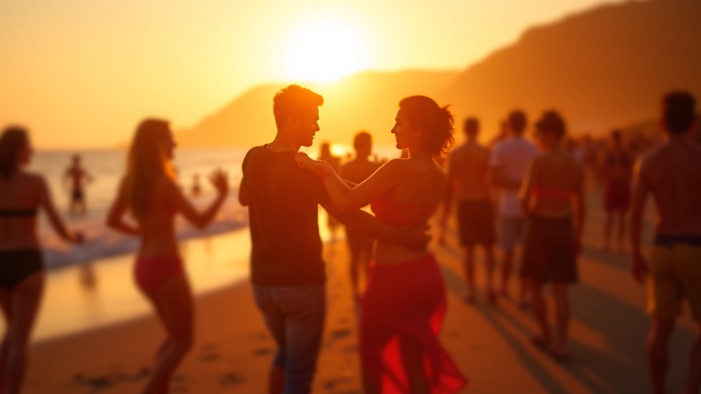 Beach festival setting with dancers and sunset backdrop over Irish coastal scenery