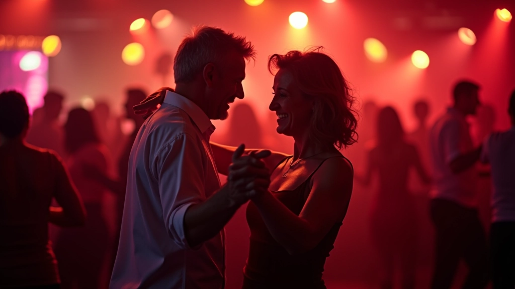 Couples dancing salsa at a Dublin social event, energetic movement, warm venue lighting