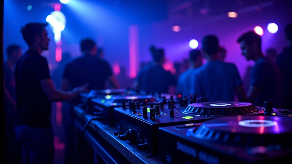 DJ booth at Dublin dance venue with vinyl records and turntables, professional audio setup, atmospheric club lighting