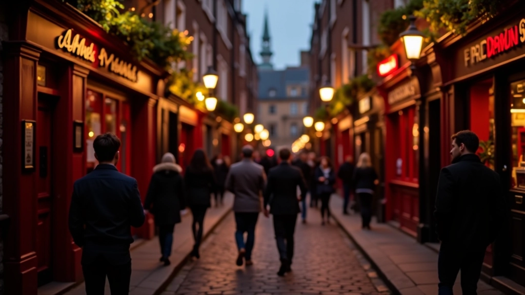 Dublin city street at evening with lit storefronts and busy pedestrians, Temple Bar area, historic architecture