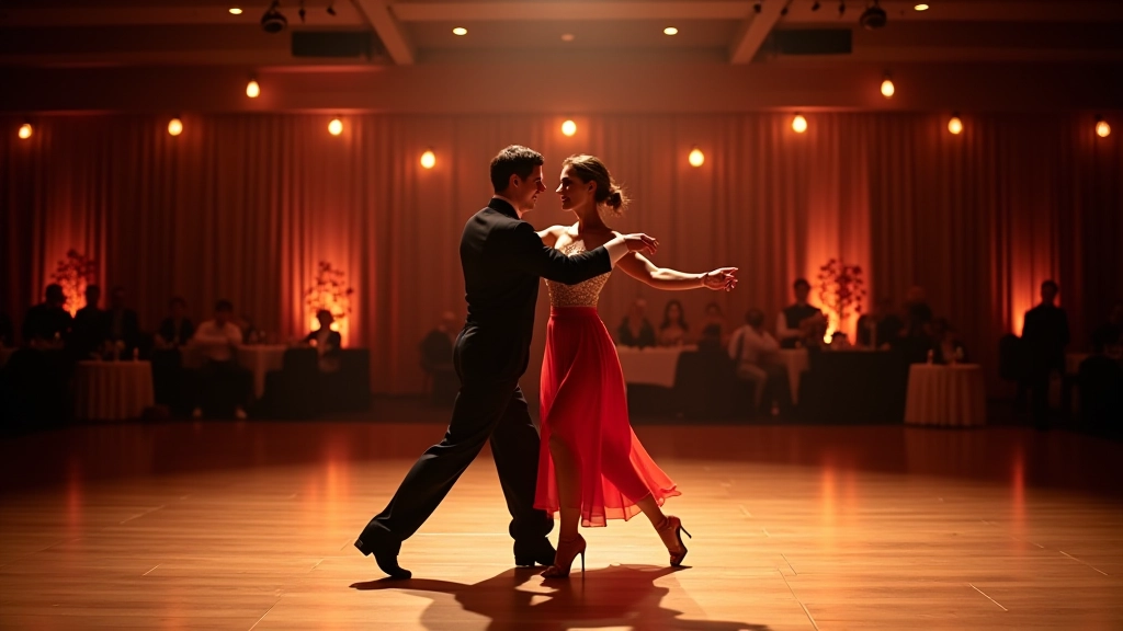 Indoor dance studio with autumn decorations and dancers in competitive format
