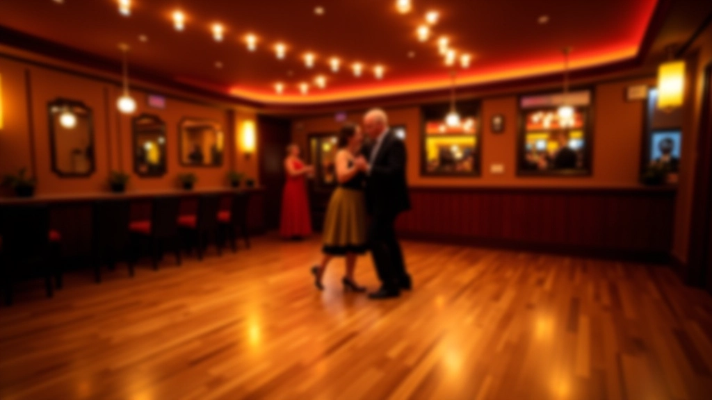 Interior of a dance venue with wooden dance floor, warm amber lighting, mirrors along the wall, couple dancing in background