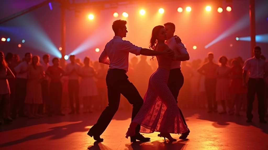 Colorful festival stage with Latin dancers performing under warm lighting
