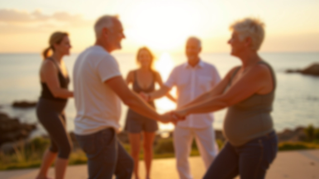 Group of mature dancers in casual summer clothing, learning salsa steps outdoors at a coastal venue with ocean backdrop