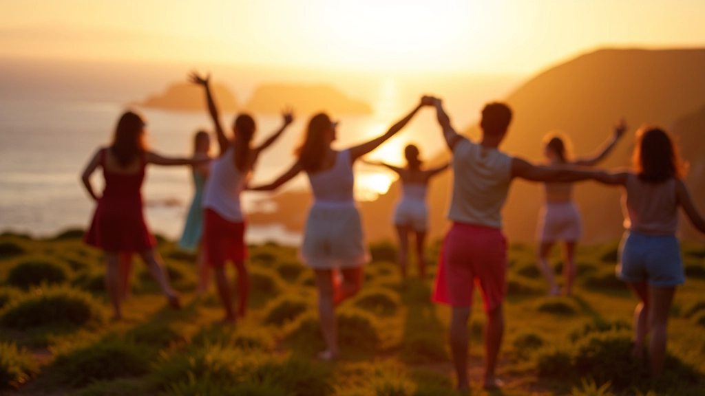 Outdoor coastal dance festival with participants dancing on a scenic Irish cliff overlooking the Atlantic Ocean at golden hour