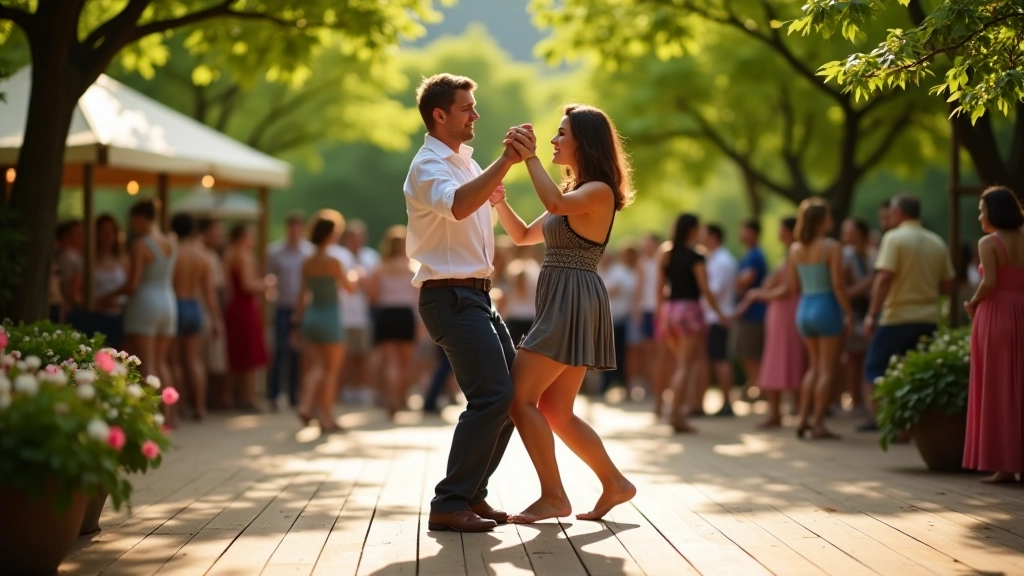 Spring festival outdoor dance floor with green surroundings and dancers in motion