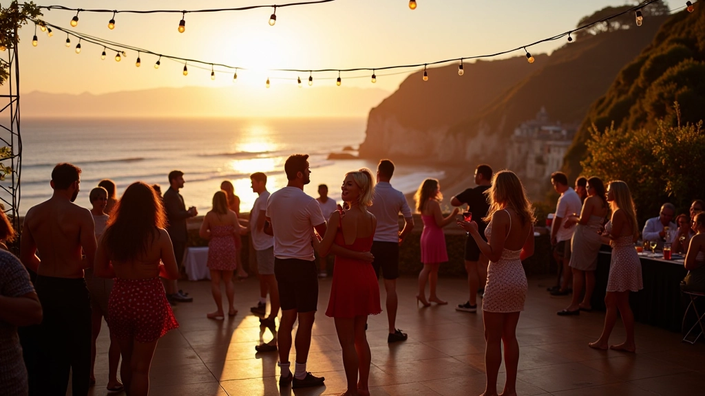 Outdoor dance floor with string lights overhead, scenic cliff views, evening festival setup with dancers and spectators