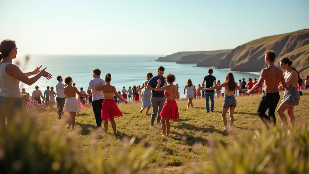 Outdoor summer festival with dancers and coastal landscape along Irish Wild Atlantic Way