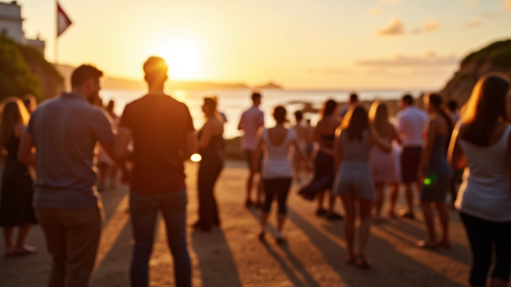 Outdoor summer dance festival crowd enjoying music, seaside location