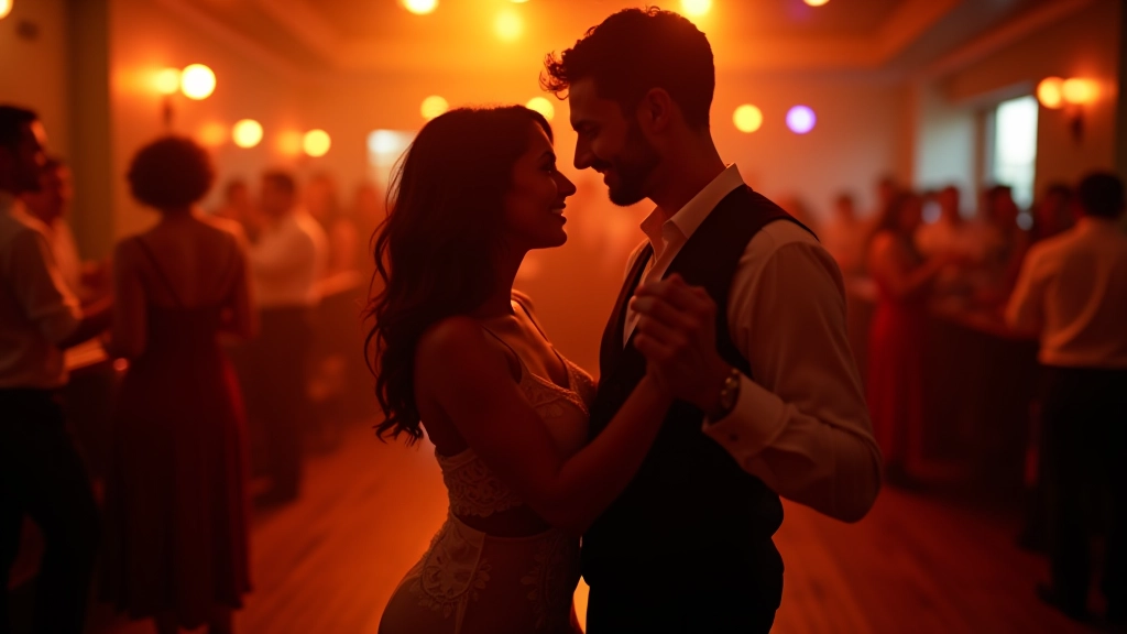 Lively salsa social in Dublin venue with couples dancing, warm ambient lighting, wooden dance floor, evening atmosphere