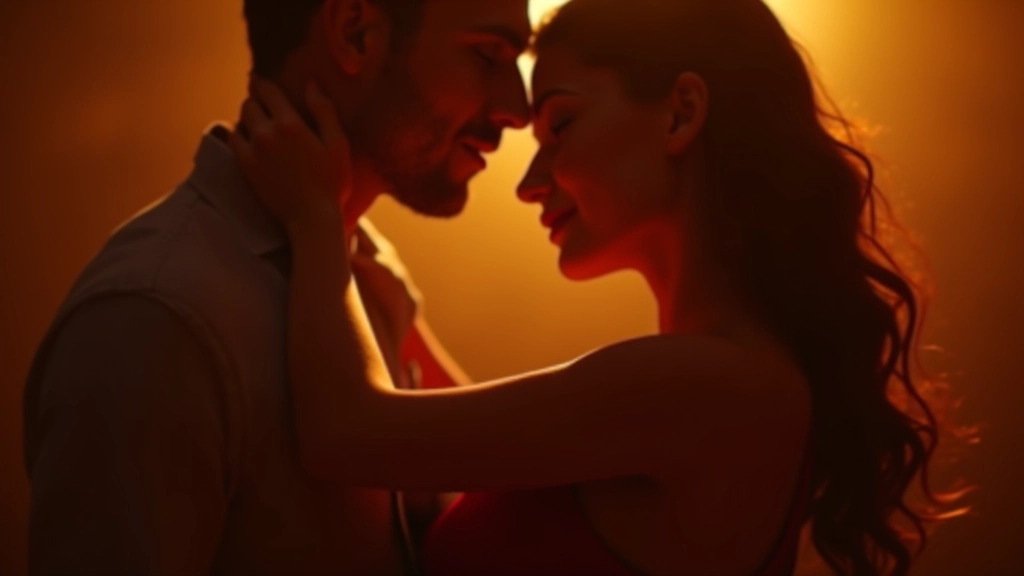 Close-up of two dancers in embrace, focusing on body positioning and frame, intimate dance moment, warm studio lighting