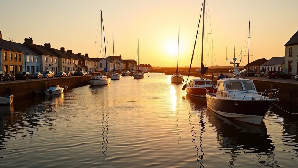 Wexford harbor in summer evening with boats and golden sunlight reflecting on water, peaceful seaside town atmosphere
