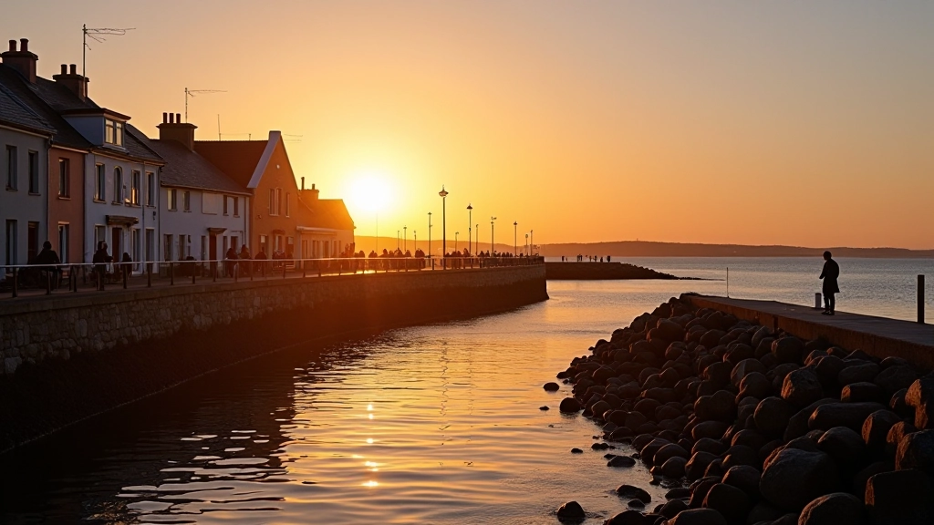 Wexford waterfront at sunset with traditional Irish architecture, golden hour lighting, serene coastal town atmosphere
