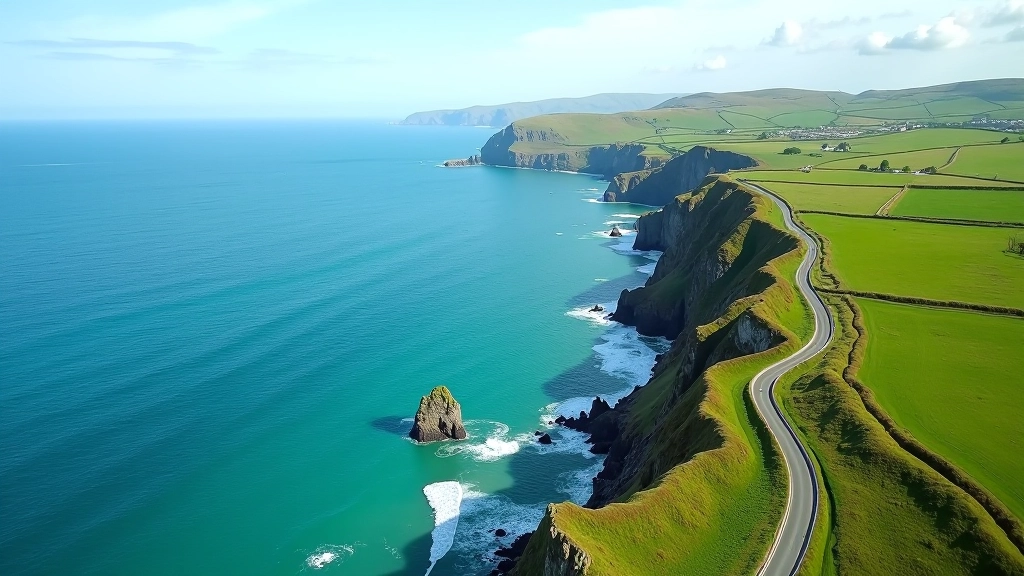 Aerial coastal landscape view of the Wild Atlantic Way with winding road, dramatic cliffs, and ocean views